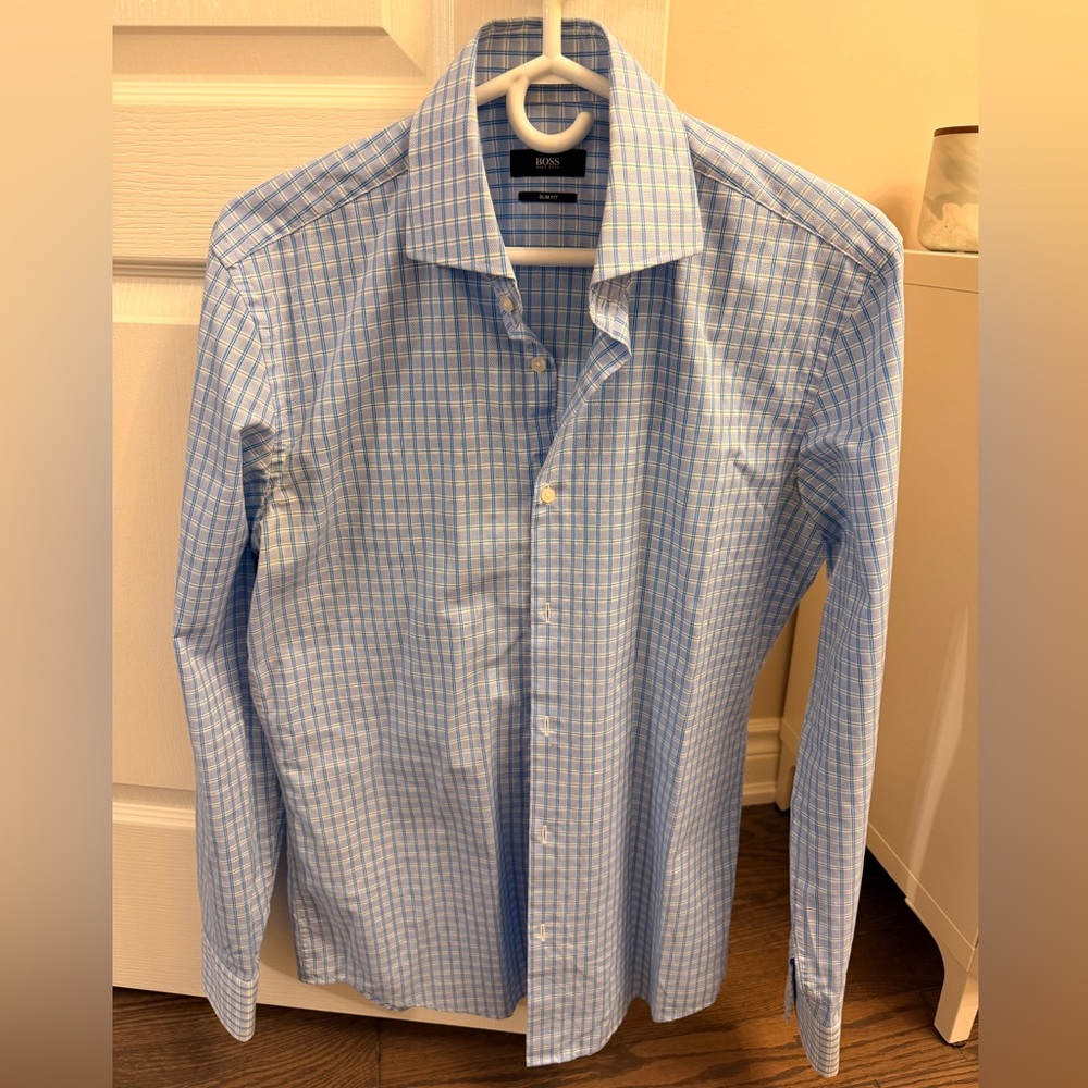 Boss Men's Light Blue Plaid Dress Shirt